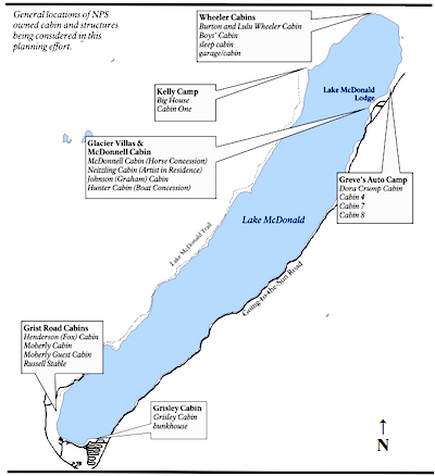 Locator map of historic cabins along Lake McDonald at Glacier National Park/NPS