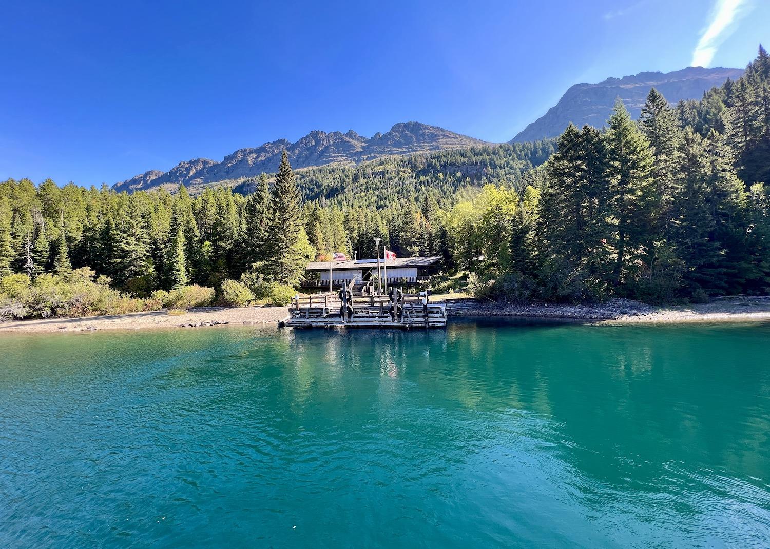 The M.V. International lands at this dock in Glacier National Park by the Goat Haunt Peace Pavilion.