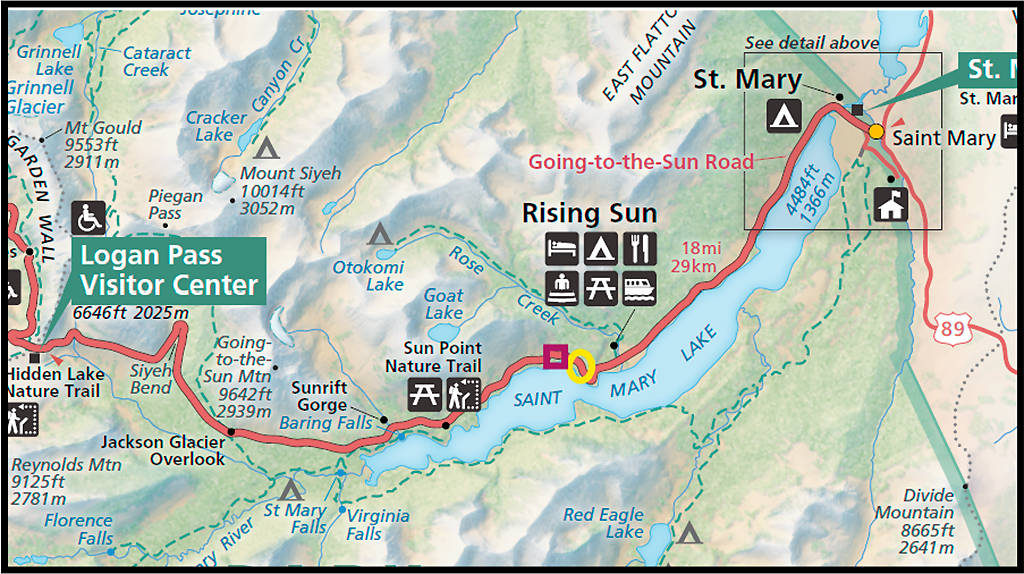 Wild Goose Island Overlook (yellow circle) and parking area looking toward St. Mary Lake's "Narrows" (purple square), Glacier National Park / Google Maps screenshot