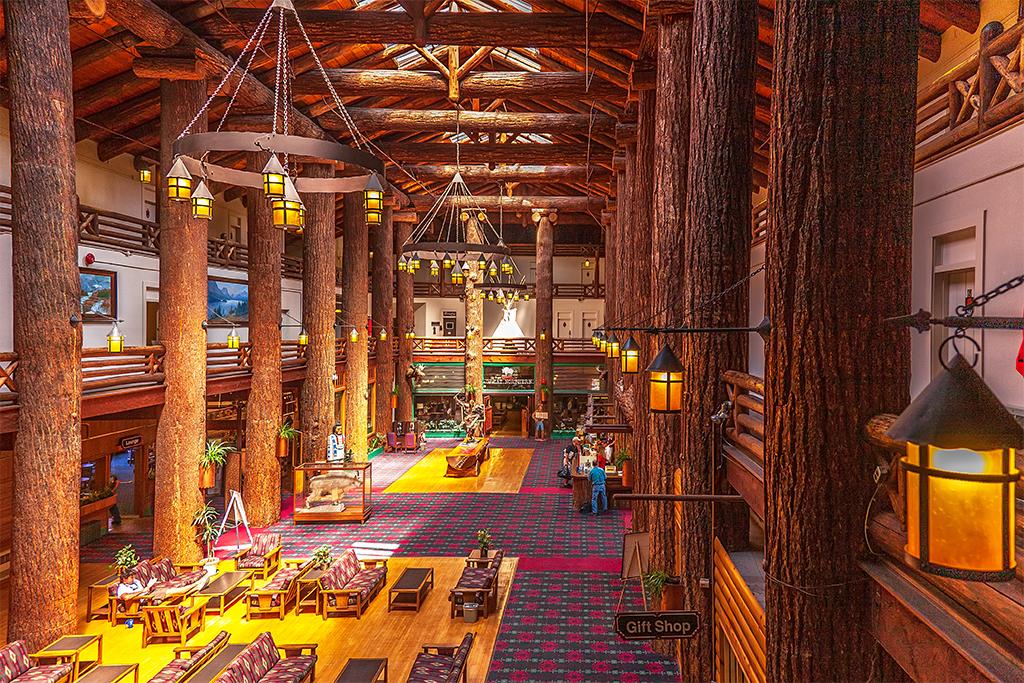 An expansive view of the Glacier Park Lodge lobby, Glacier National Park / Rebecca Latson