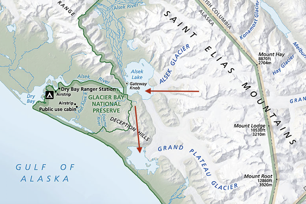 The retreat in the coming decades of the Grand Plateau Glacier should cause the Alsek River to change its source to the Gulf of Alaska at Dry Bay to a point some 17 miles to the south below Grand Plateau Lake/NPS map
