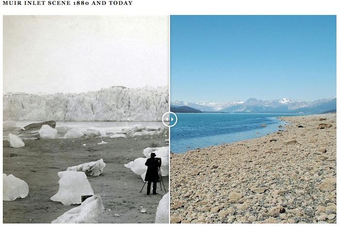 Time-lapse photography shows the extent of glacial retreat from Muir Inlet/Bruce Molina, USGS