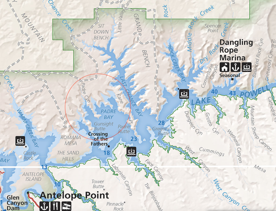 The two were camped just west of Lake Powell with a view of Gunsight Bay and Padre Bay/NPS map
