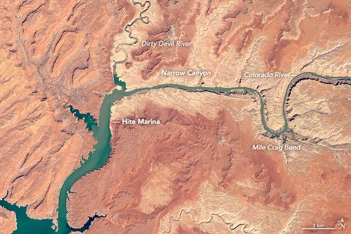 In May 2012 (comparison image), Lake Powell stood at 3636.83 feet and held 15.63 maf. (One acre-foot equals about 326,000 gallons.)/USGS