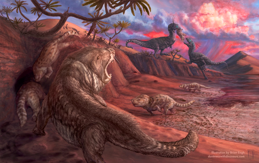 A painting depicting an Early Jurassic scene from the Navajo Sandstone desert preserved at Glen Canyon NRA. A small team of paleontologists worked with artist Brian Engh to provide a technically accurate depiction of the rare and enigmatic tritylodonts (c