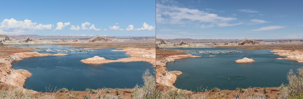 View from Wahweap Overlook towards Castle Rock and Wahweap Marina. First photo was taken May 15, 2023, when Lake Powell elevation was at 3539.15 feet Above Sea Level (ASL). Second photo was taken May 30, 2023 at 3560.22 feet ASL.