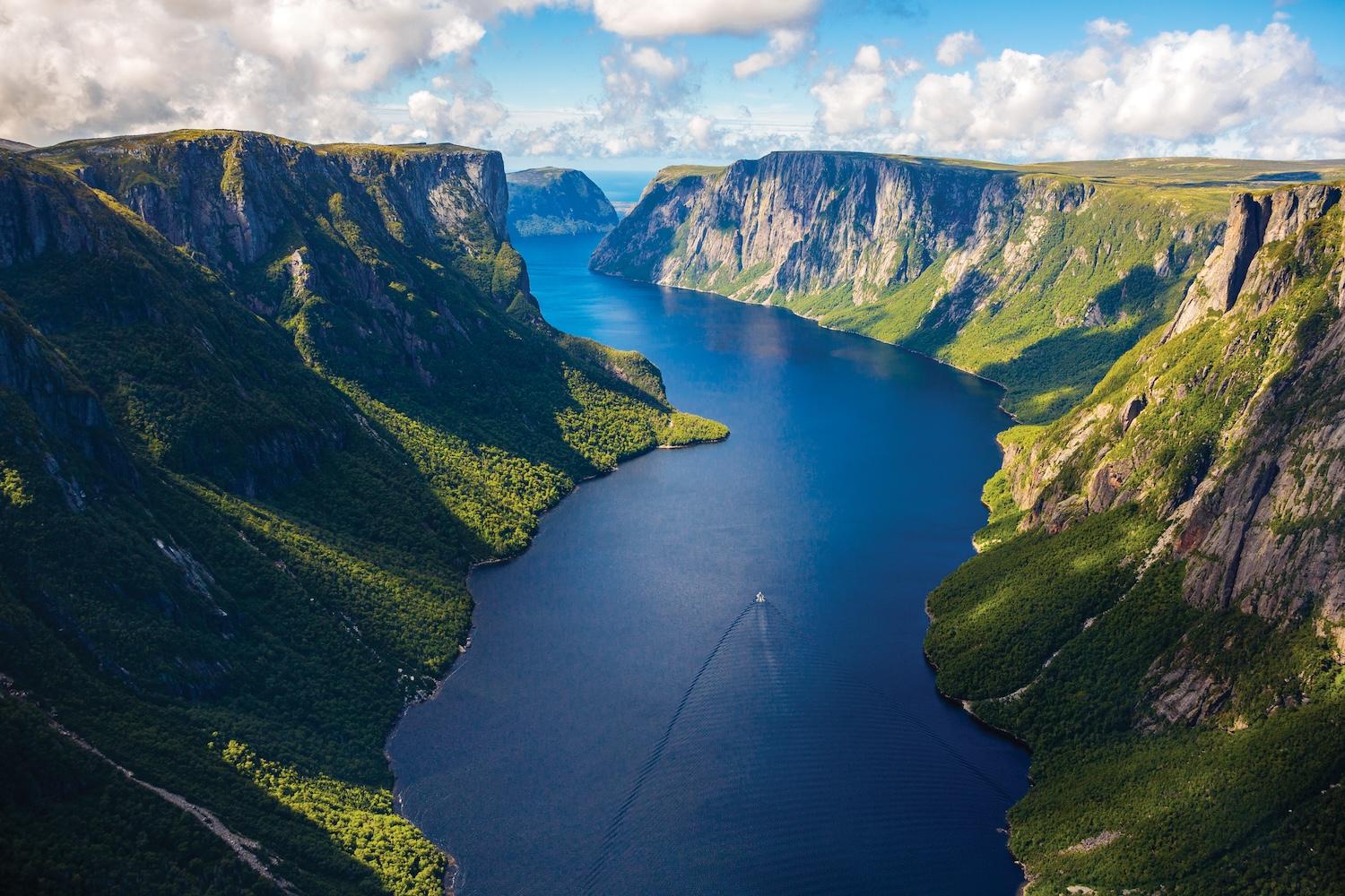 An aerial view of Western Brook Pond, a landlocked freshwater fjord that's one of the jewels of Gros Morne National Park in Western Newfoundland.