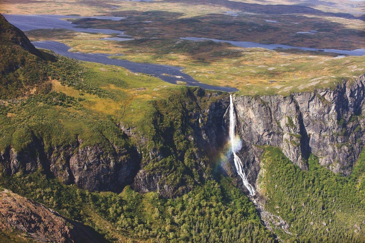 An aerial view of the Tablelands waterfall at Gros Morne National Park.