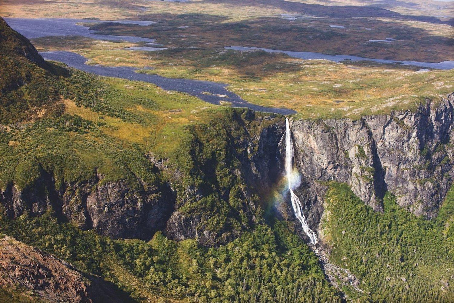 An aerial view of the Tablelands waterfall in Gros Morne National Park.