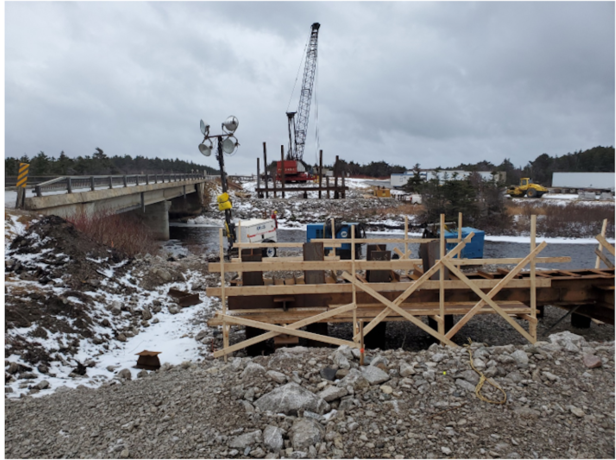 The construction site at Western Brook Bridge in Gros Morne National Park in Newfoundland and Labrador.