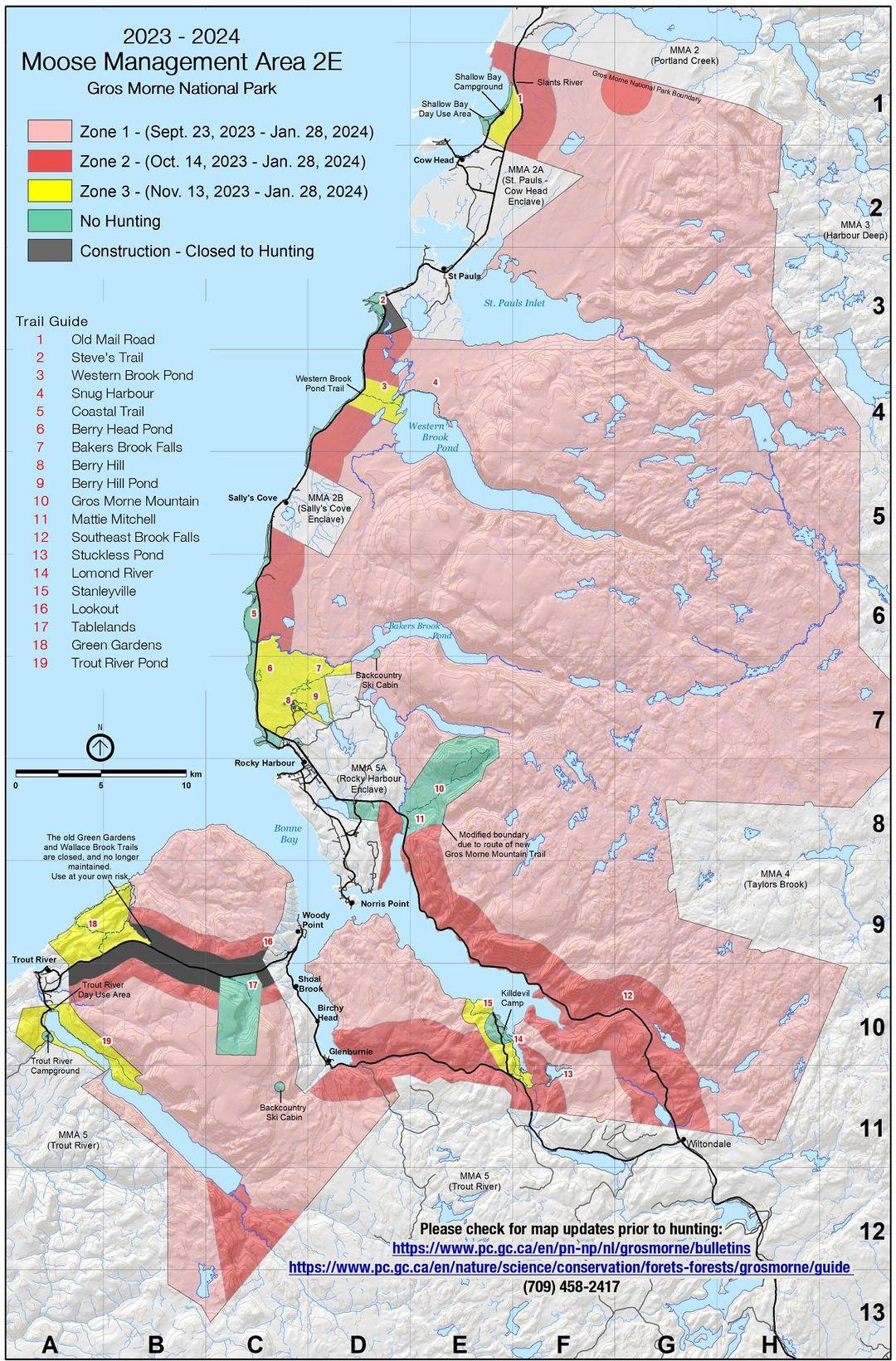 The Moose Management Area zones and dates for Gros Morne National Park in 2023-2024.