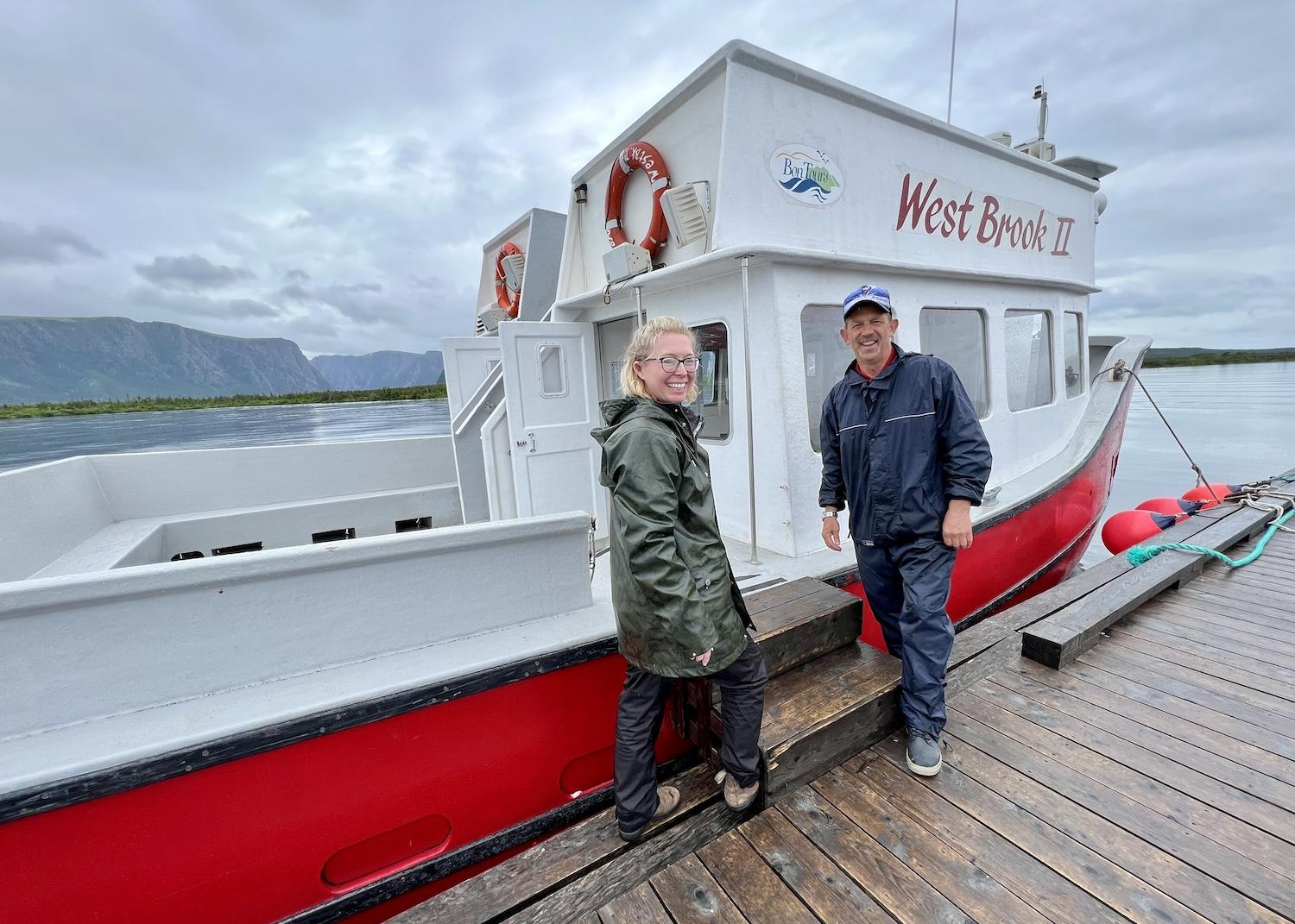 Shelley Hann and Glen Laing, tour guides with BonTours, stand by the West Brook II after a trip on Western Brook Pond in Gros Morne National Park.
