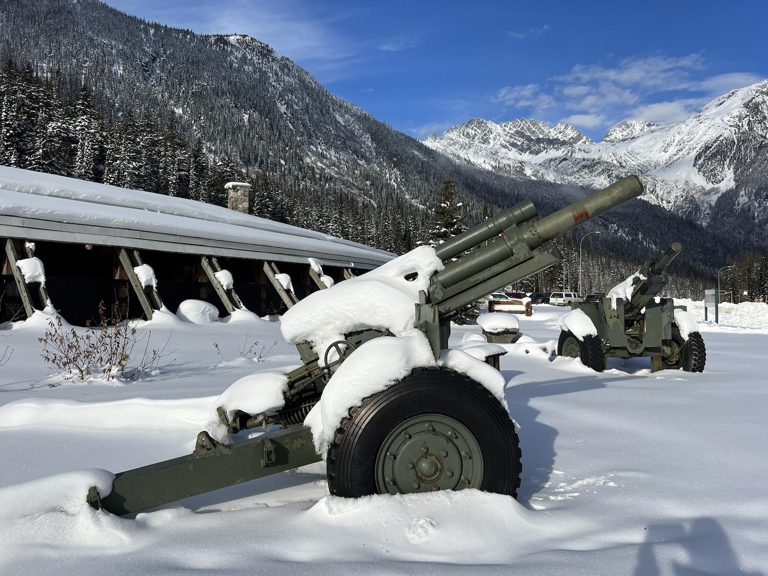 You can see these howitzers outside the Rogers Pass Discovery Centre in Glacier National Park.