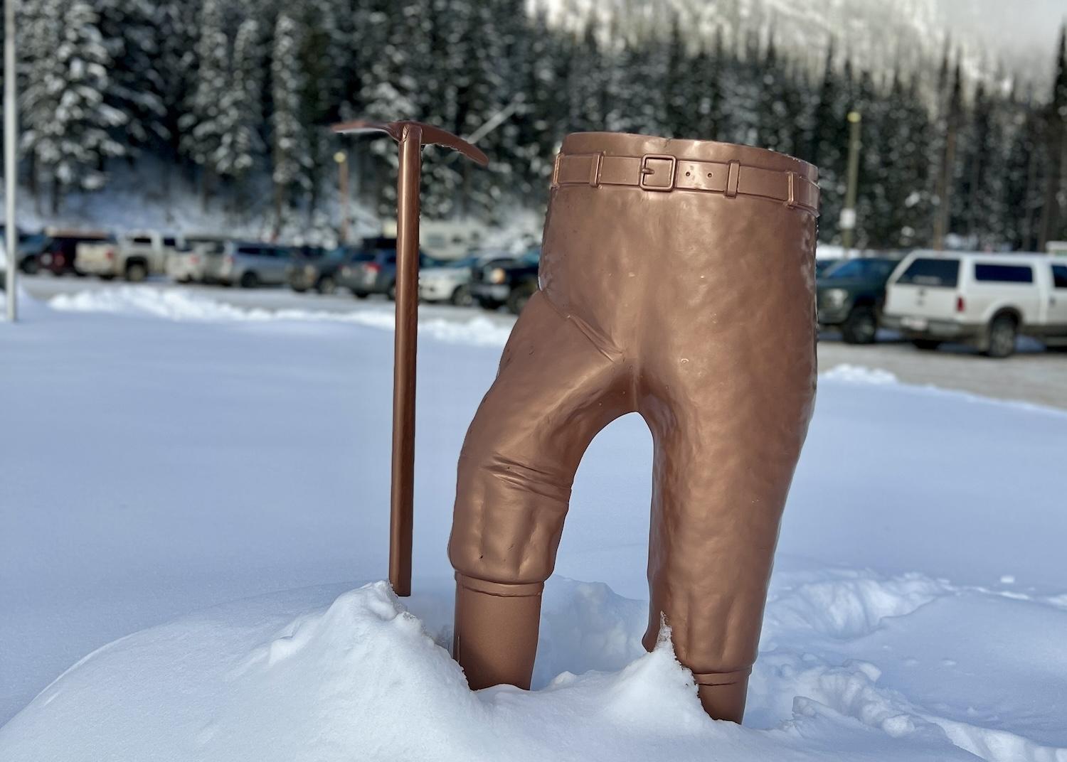 These bronze pants, by artist Rob Buchanan and called Breeches of Miss Conduct, are outside the Rogers Pass Discovery Centre.