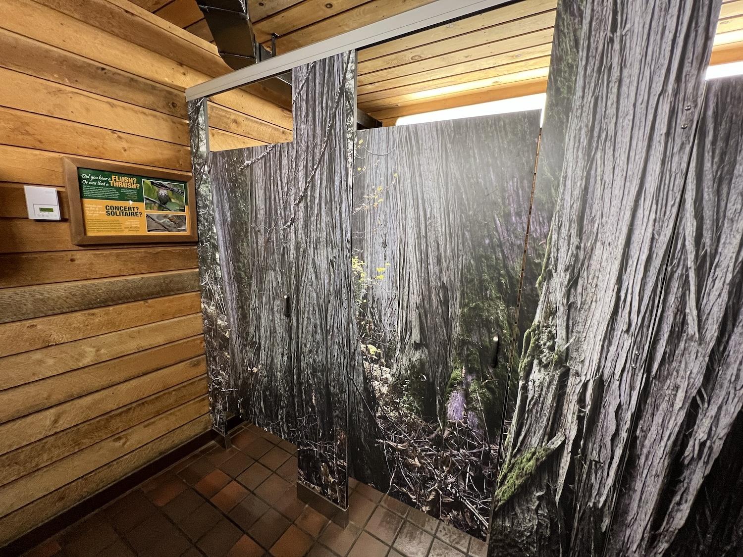 Bird songs from the hermit thrush are piped into the bathroom at the Rogers Pass Discovery Centre in Glacier National Park.