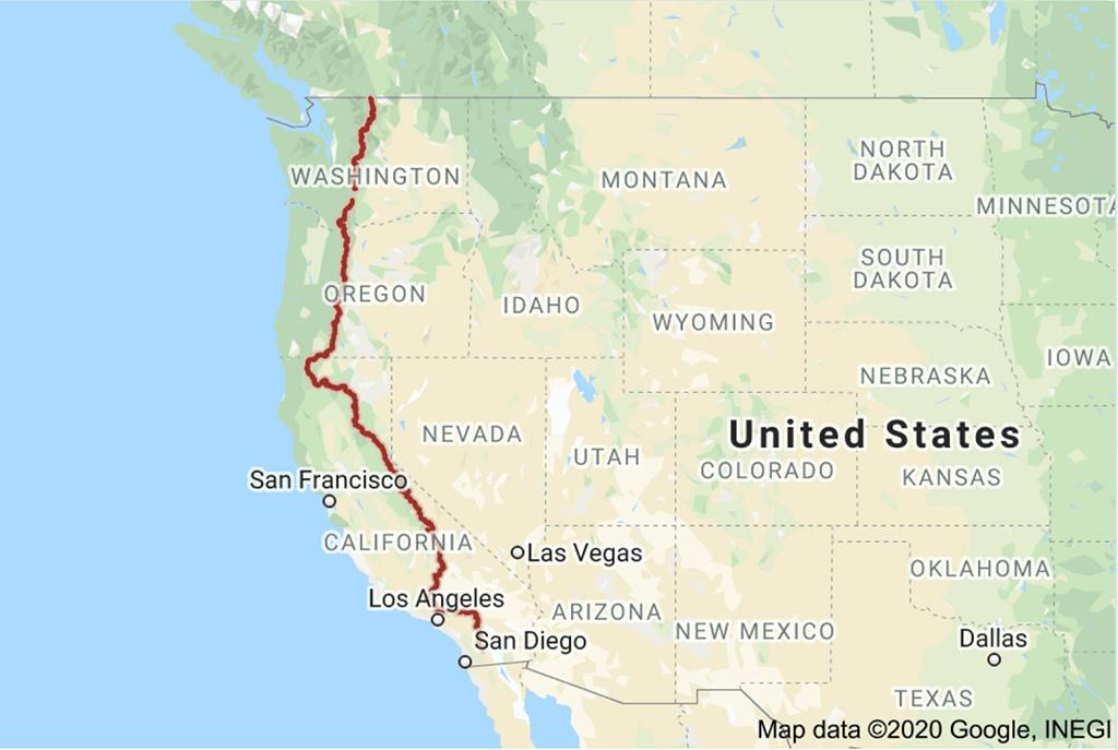 A map of the Pacific Crest Trail / Google