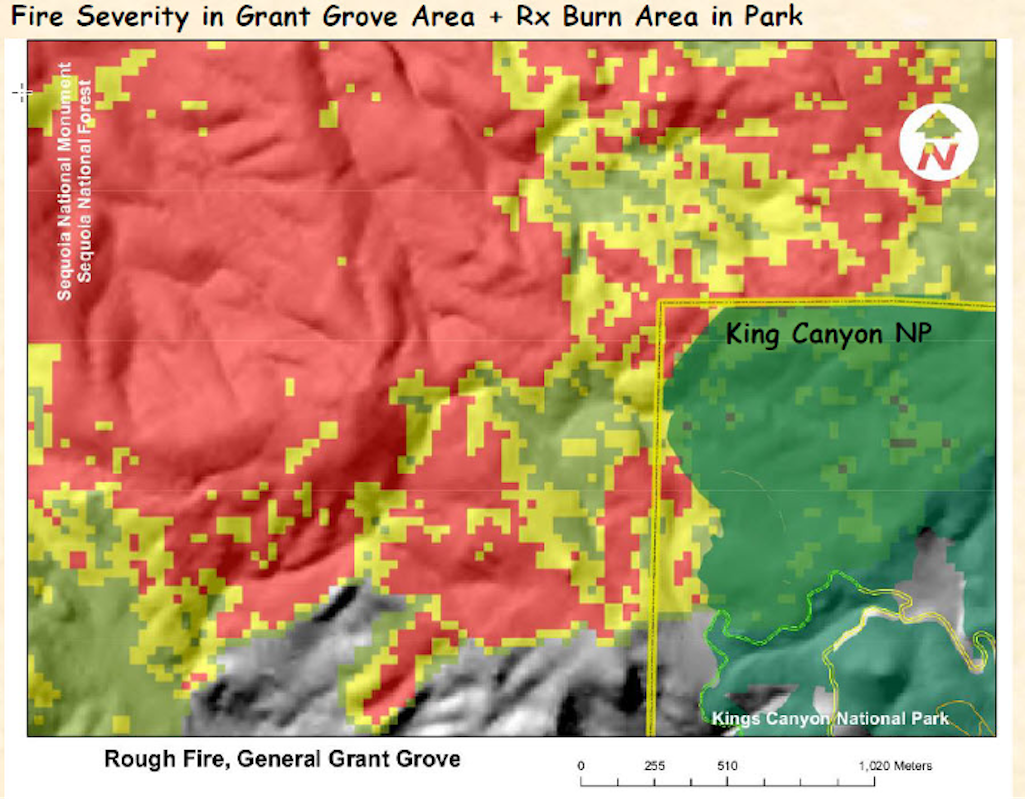 Relative fire severity (from red –severed – to green – less severe) of Rough Fire (2015 Sequoia National Forest and Kings Canyon National Park). Green inset at lower right shows treated areas of Grant Grove overlaid on the fire intensity map. Note lower f