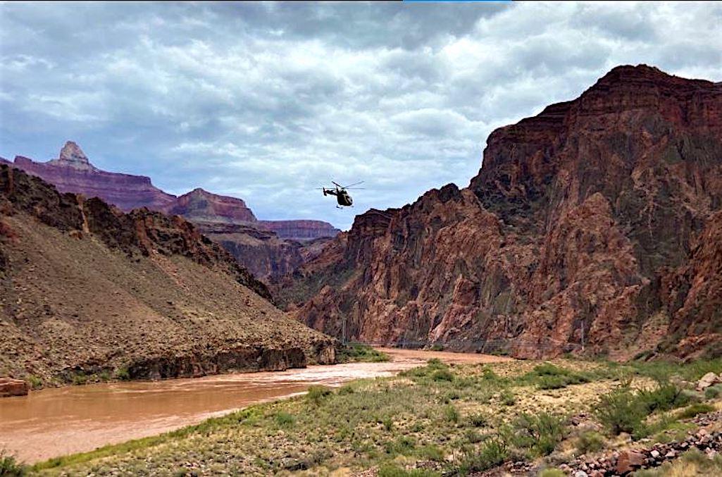 A park helicopter flies into Phantom Ranch along the Bright Angel Trail/NPS, D. Yurcik