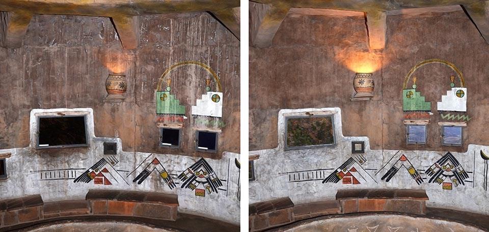 Before and after photos of restoration work at Level 3 in Desert View Watchtower, Grand Canyon National Park/NPS