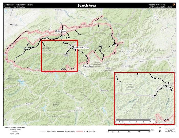 Grid map of area searched for Susan Clements in Great Smoky Mountains National Park/NPS