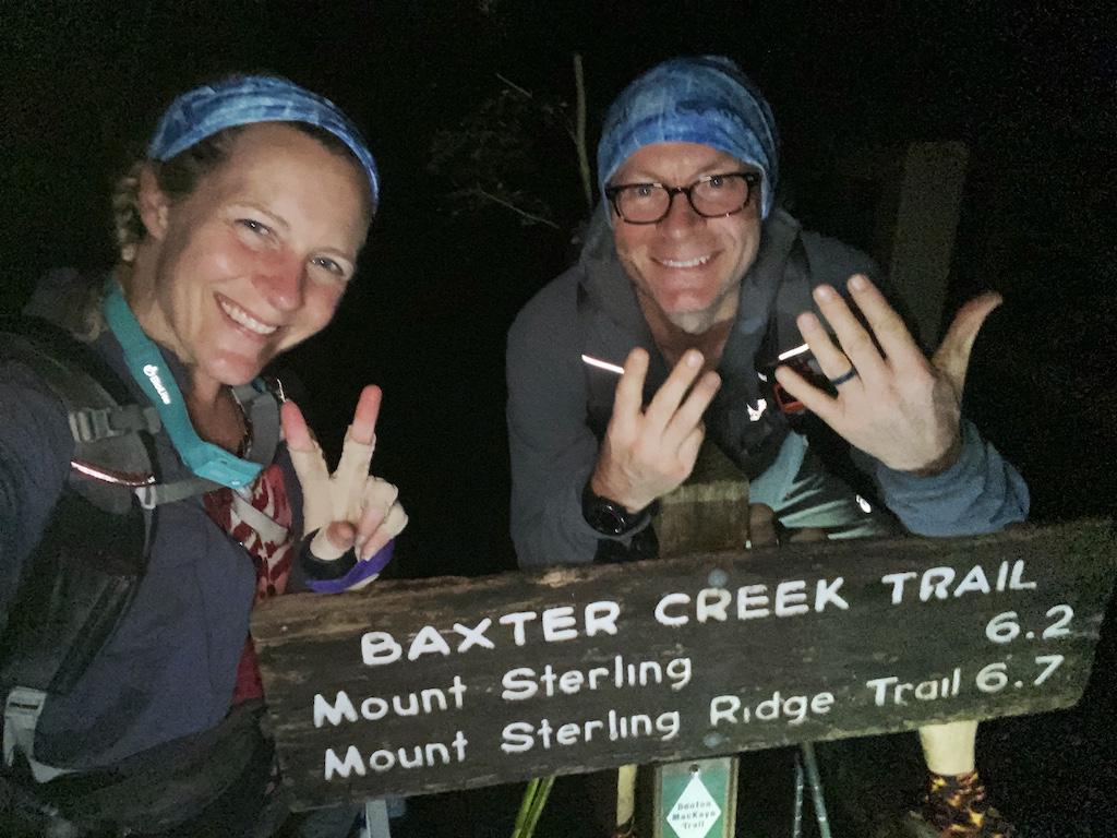 Nancy East and Chris Ford at the finish of their next to last day, holding up their fingers to indicate the 28th day of hiking/Courtesy of Nancy East