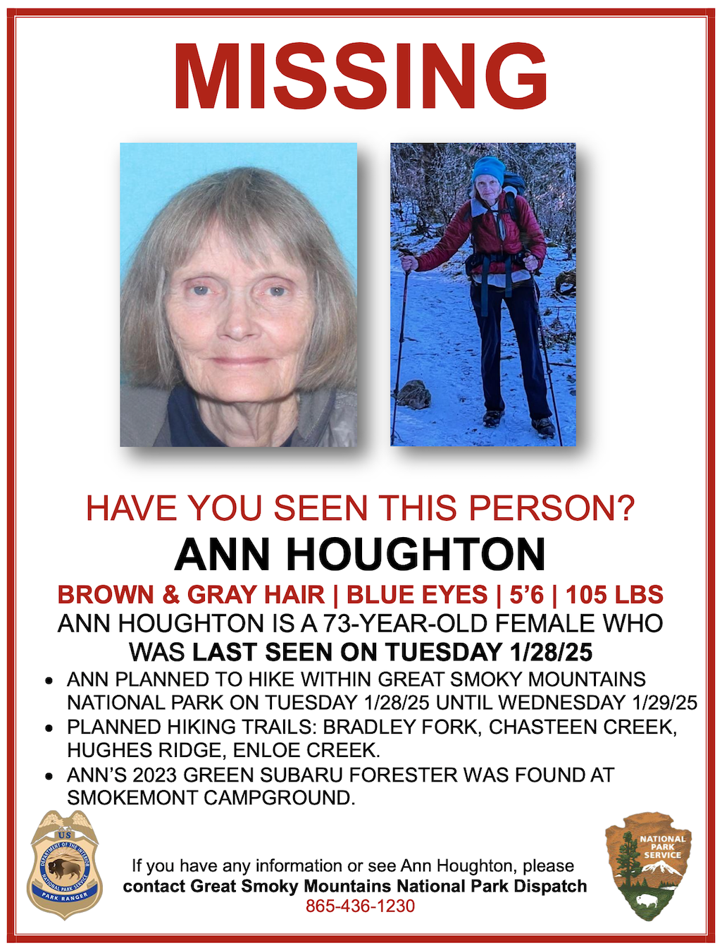 Great Smoky Mountains National Park rangers were searching for an overdue hiker/NPS HO