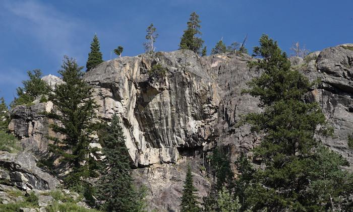 Grand Teton staff have concluded that if this rock buttress does collapse that it would not reach the Hidden Falls viewing area/NPS file