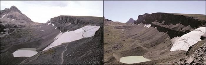 Historic photographs show Schoolroom Glacier retreating over a 20 year period - left 1987, right 2007/NPS