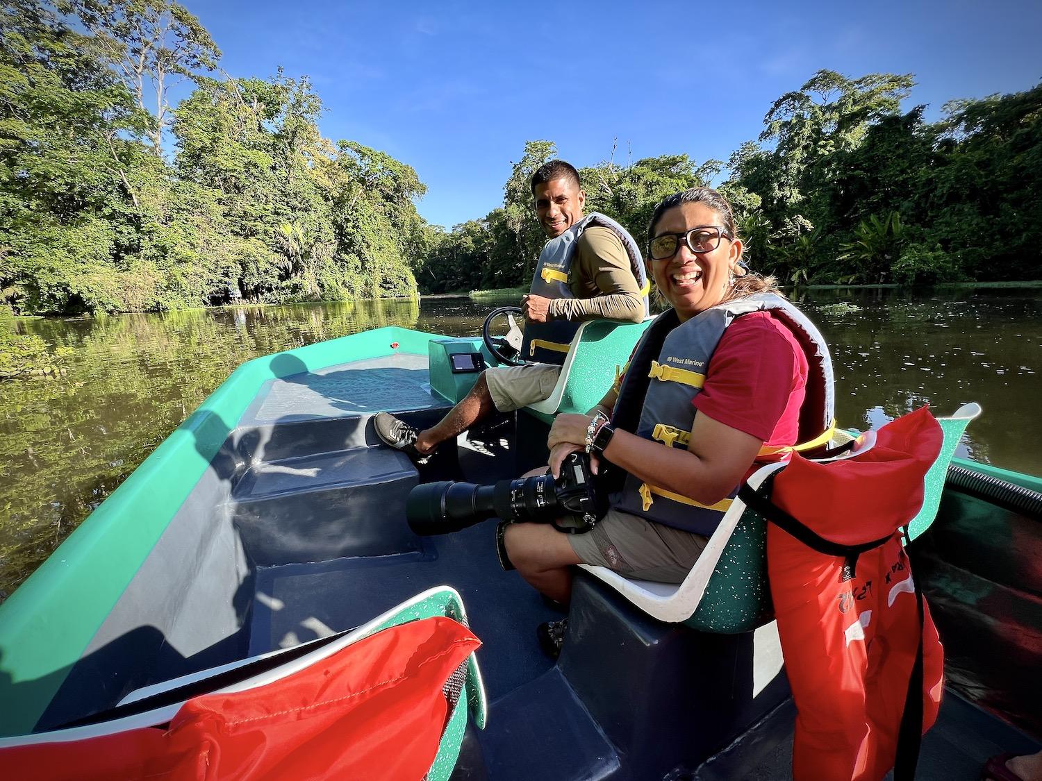 Exodus Travels guide Monica Leal and boat driver Michael Bennet in Tortugero National Park's canals.