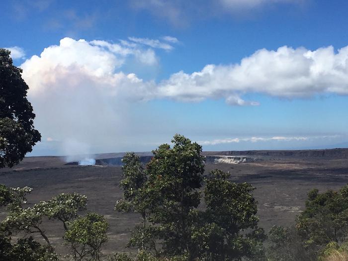 Halema‘uma‘u is seen from Crater Rim Trail near Steam Vents on Tuesday morning, the calm before the storms