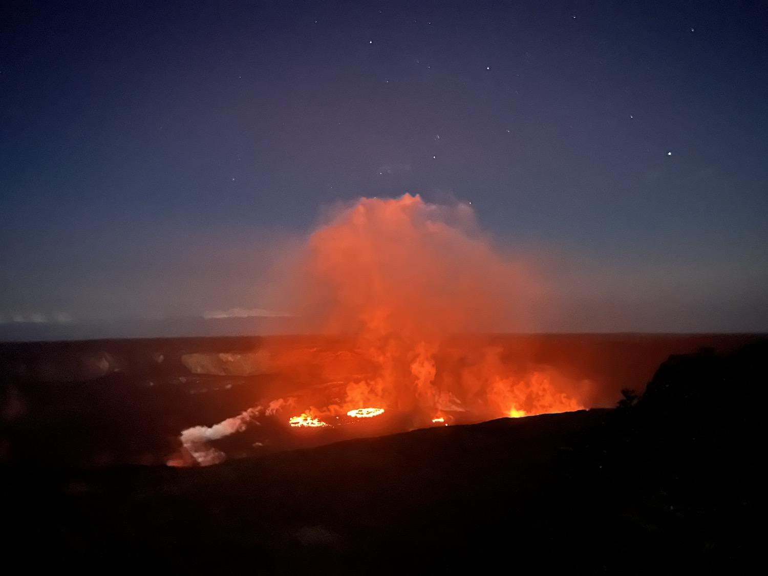 At night in February, a view of the Kīlauea volcano lava lake within Halema'uma'u crater.