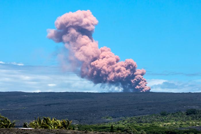 A 5.0-magnitude earthquake around 10:30 Thursday morning triggered a small collapse at Pu‘u Ō‘ō vent that sent a rose-colored plume billowing skyward. The plume was visible throughout Hawaii Volcanoes National Park and neighboring communities, including K