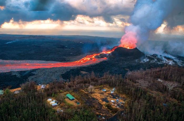 Lava fountains and channelized flow erupting from the Fissure 8 spatter cone along Kilauea’s Lower East Rift Zone in the Leilani Estates subdivision, lower Puna, Hawai’i, on June 25, 2018/Ben Gaddis, USGS