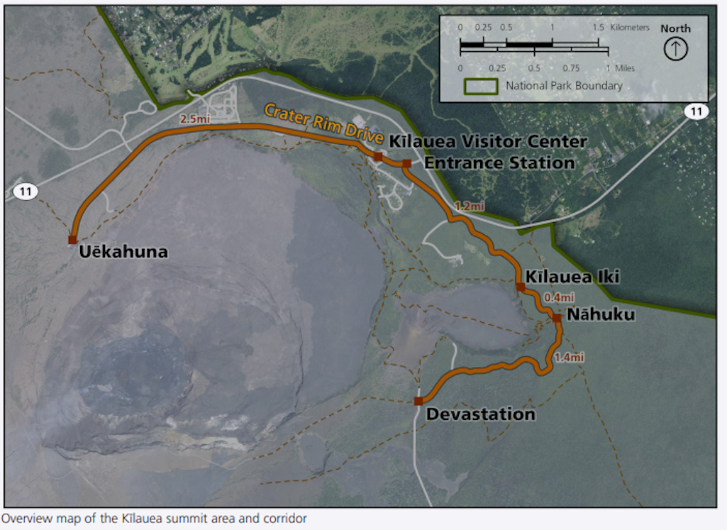A map showing the Kīlauea summit and corridor area from Uēkahuna to Devastation NPS Map