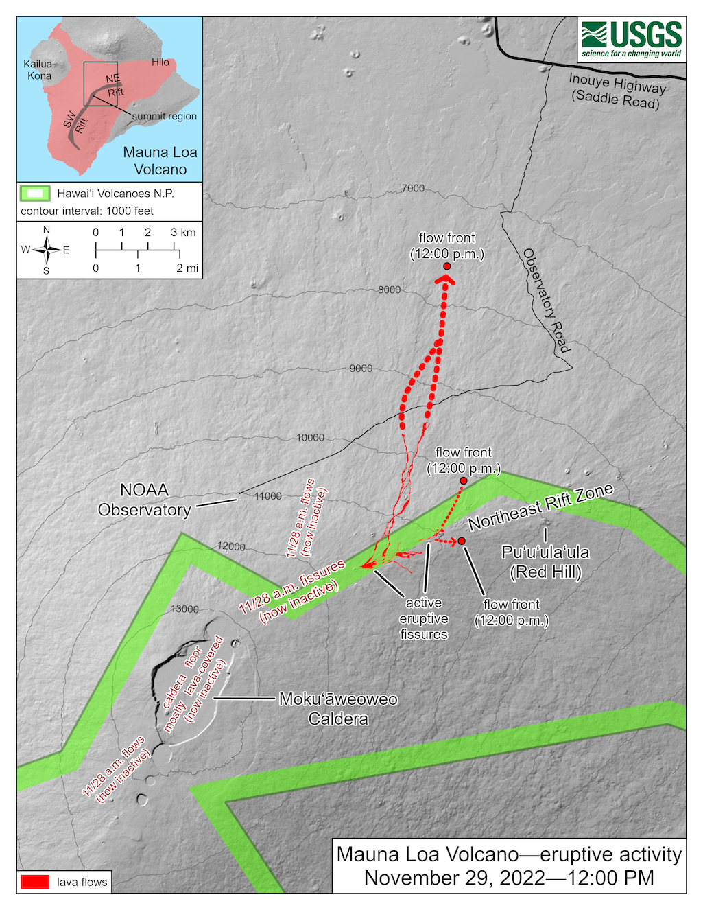  Overnight satellite views allowed USGS analysts to accurately map some of the most active flows, displayed in red here. Further downslope progression of the flows this morning is marked by dashed lines and points for the flow fronts at 12 p.m. Tuesday. 