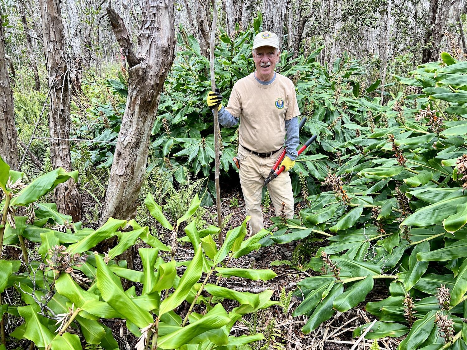 At Hawai'i Volcanoes National Park, Paul Field (shown) and his wife Jane are project leaders of a volunteer program called Stewardship at the Summit that tackles invasive species.