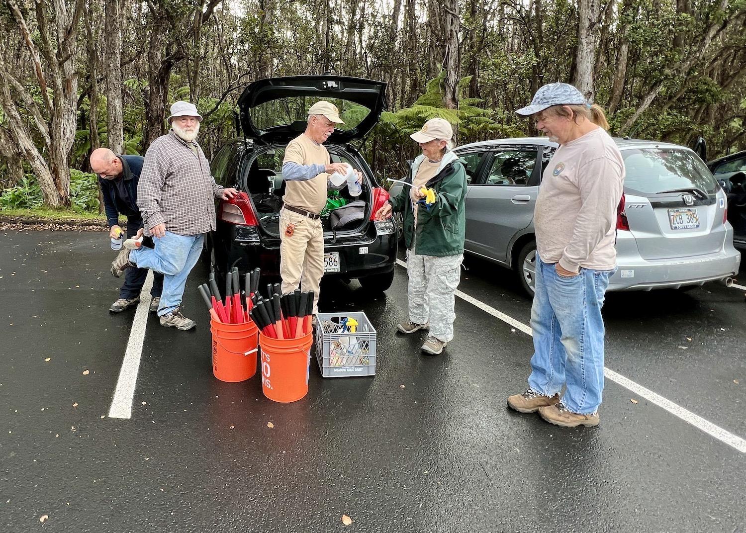 All Stewardship at the Summit volunteers must thoroughly brush and spray their footwear before heading off into the rainforest.