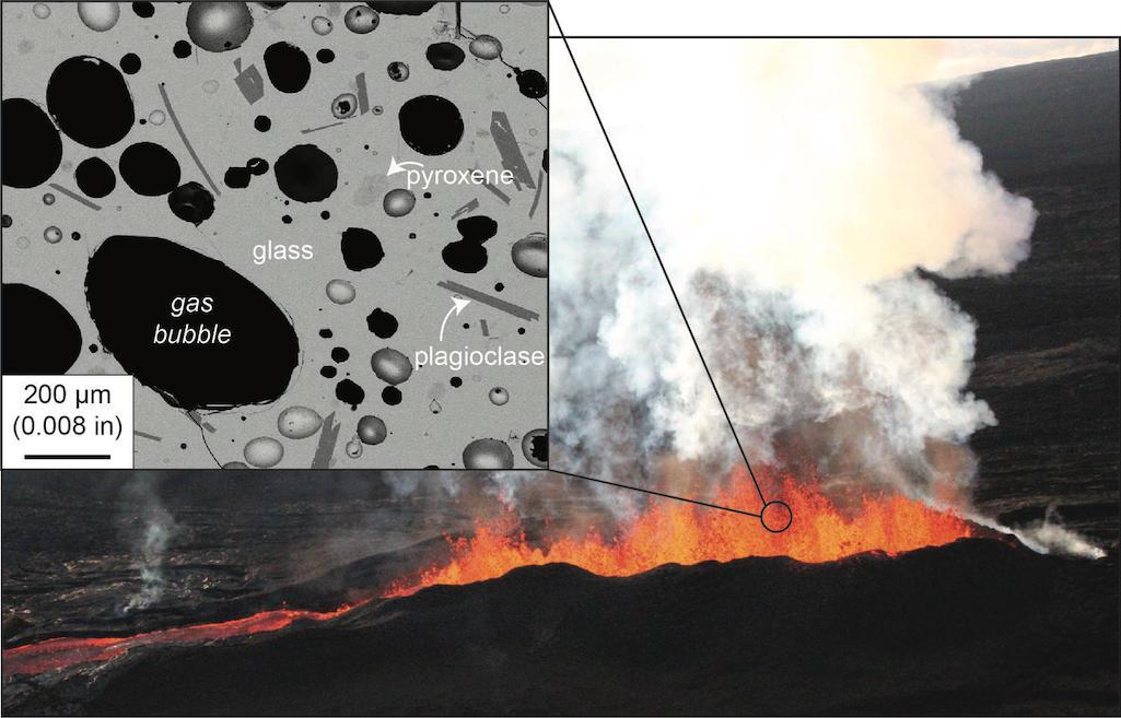 Lava samples collected near Mauna Loa’s fissure 3 vent (shown in this December 7 overflight photo) are glassy and contain bubbles and some very small (200 microns or 0.008 inches long) minerals like plagioclase and pyroxene, as shown in the grey-scale mic