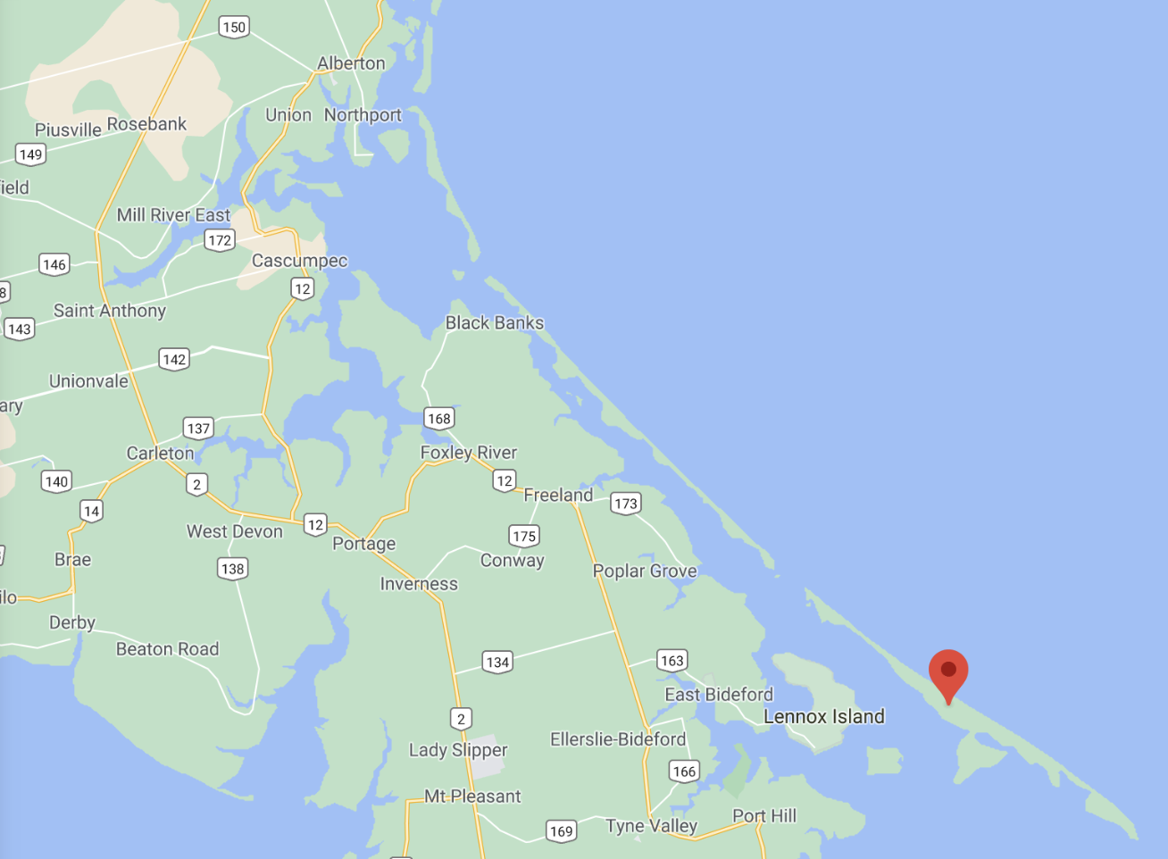 A Google Map that shows the Hog Island Sandhills.