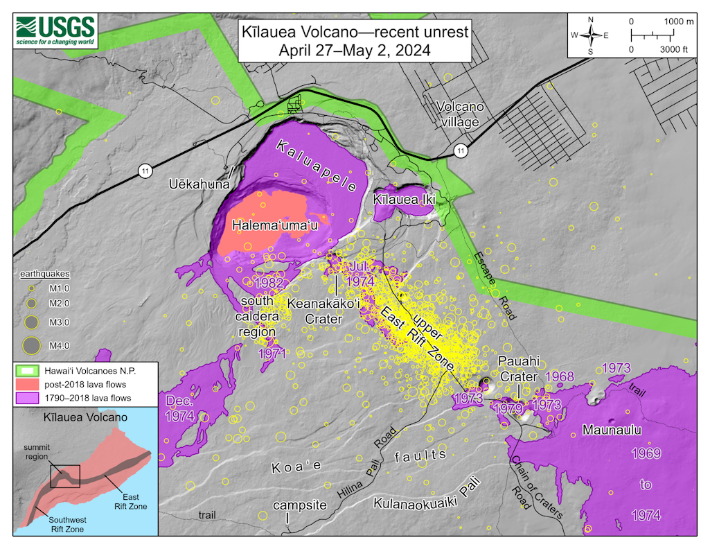 This map depicts recent unrest at Kīlauea volcano. 