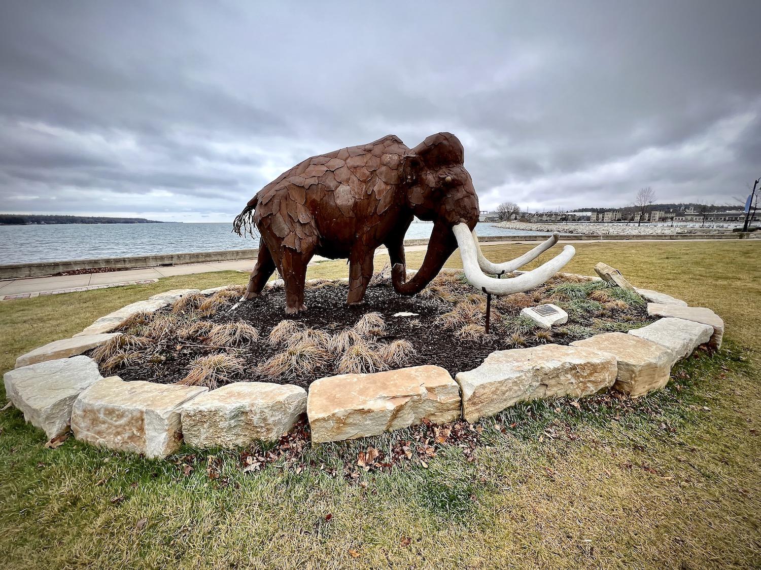 Green Bay sculptor Carl Vanderheyden's "Woolly" statue is in Bayview Park in Sturgeon Bay, an Ice Age Trail Community near the eastern terminus of the trail.