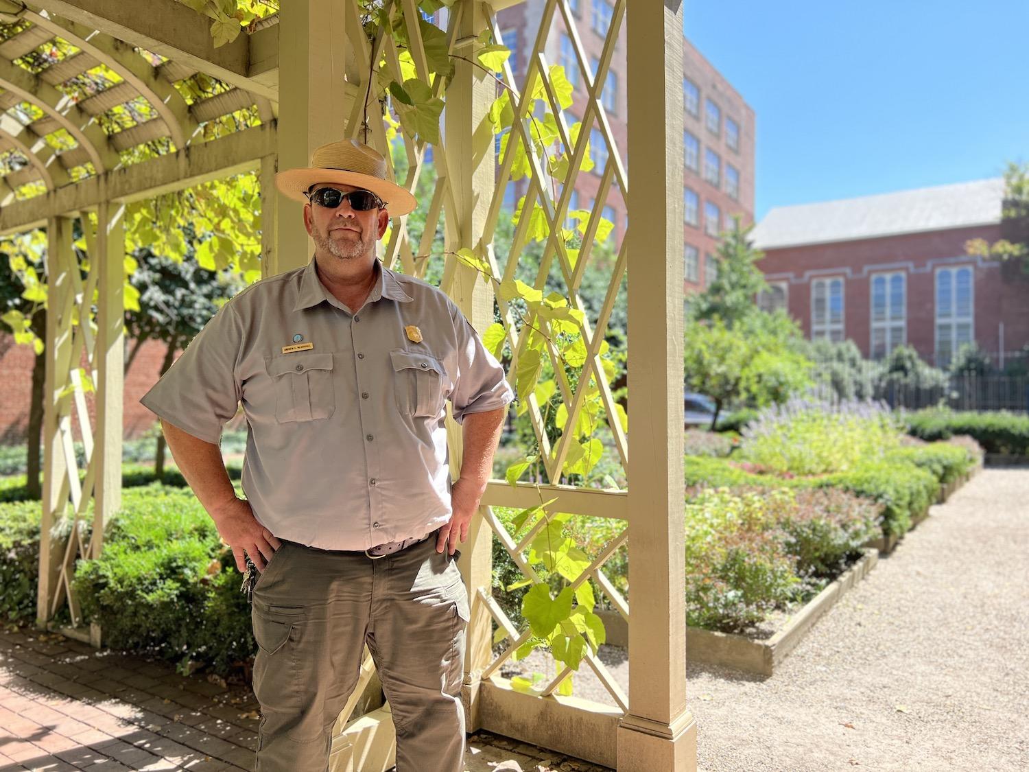 NPS public affairs officer Andrew McDougall shows off the 18th Century Garden at Independence National Historical Park.