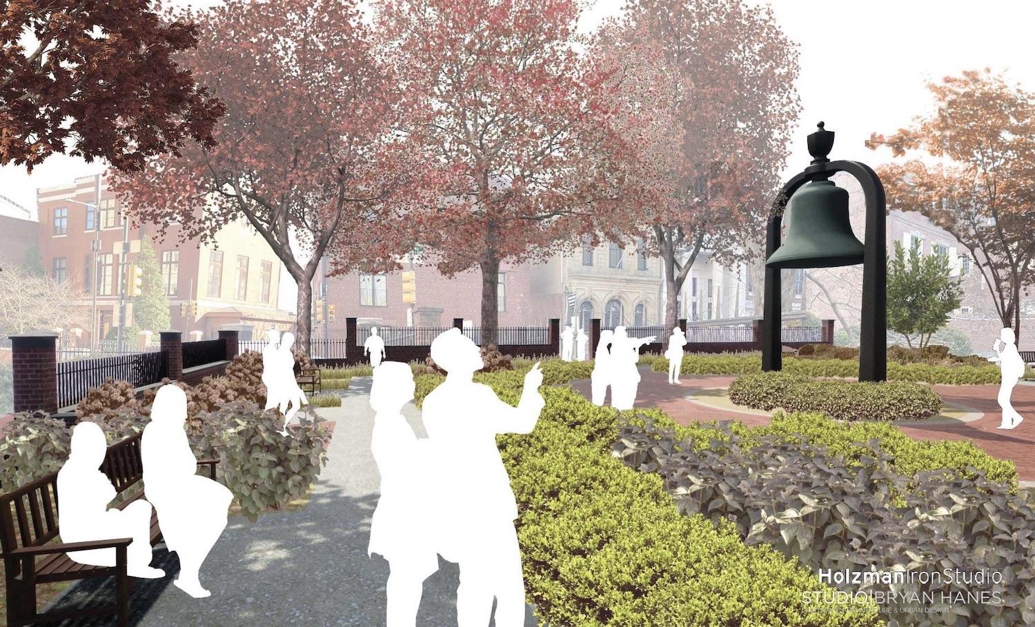 A rendering of how the Bicentennial Bell Garden will look in 2024 with the royal bell as a focal point.