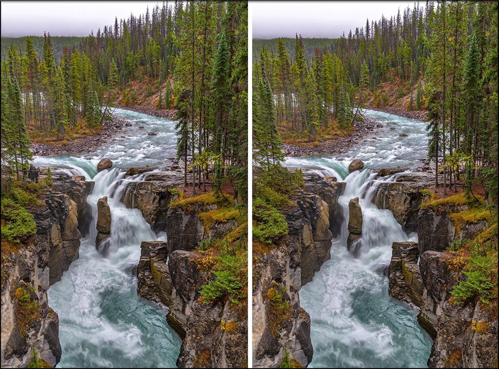 Sunwapta Falls with, and without, the human elements, Jasper National Park / Rebecca Latson