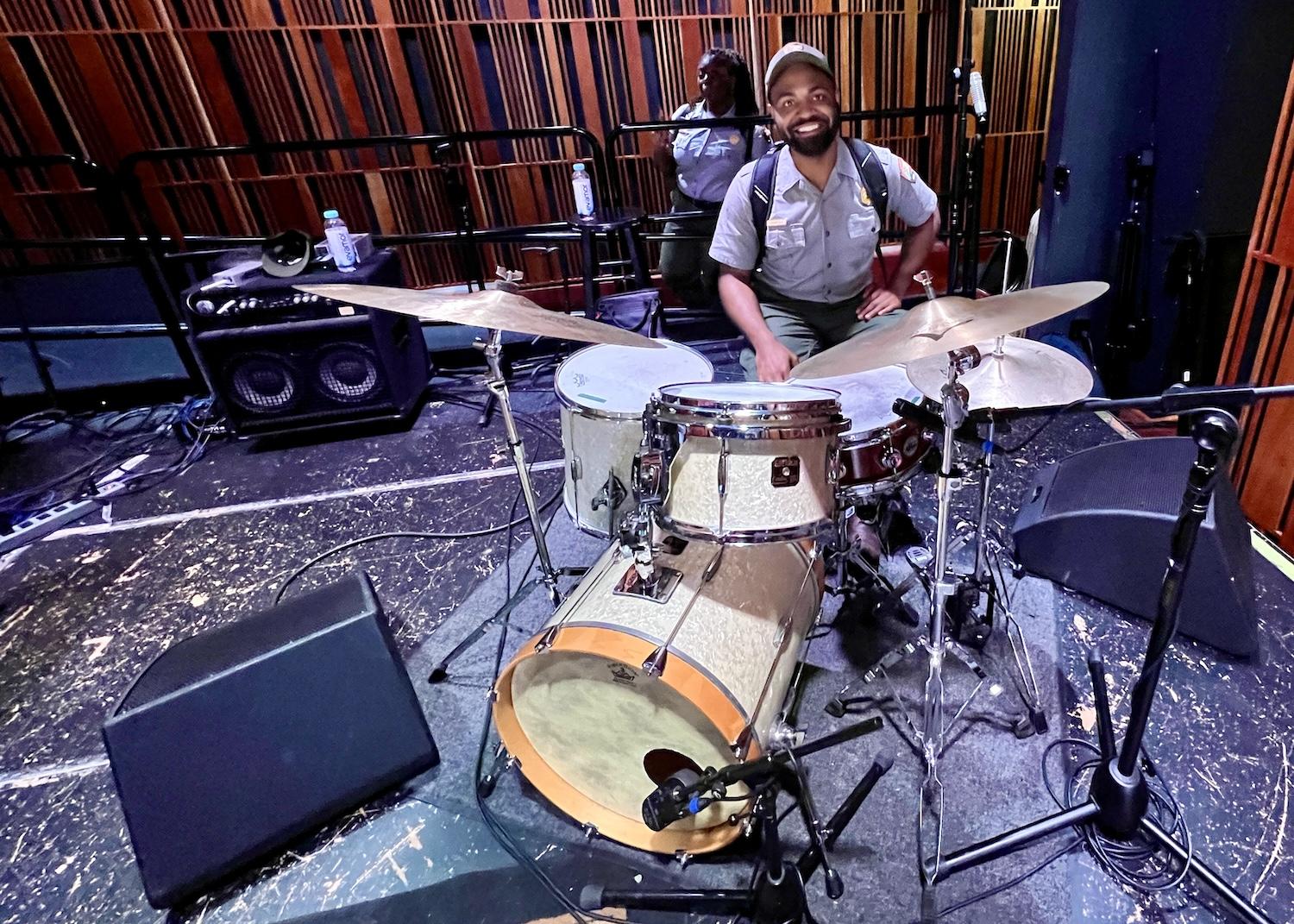 "Jazz ranger" Hunter Miles Davis plays drums with the Arrowhead Jazz Band.