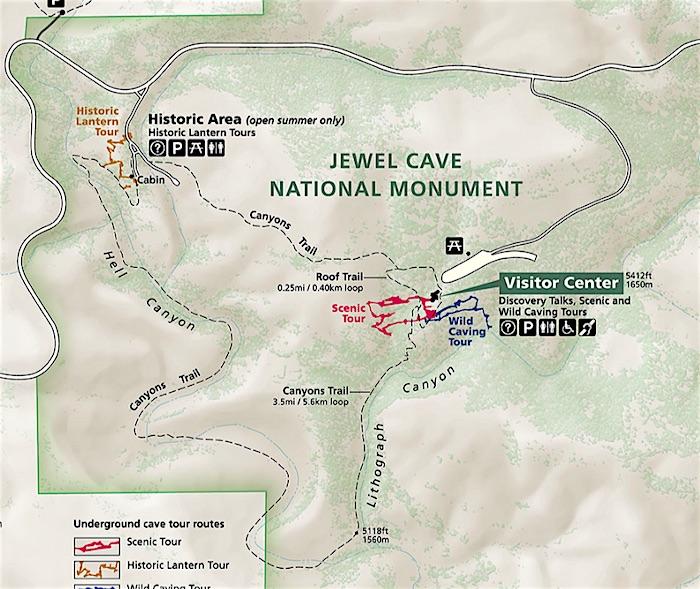 Above-ground trail map of Jewel Cave National Monument/NPS