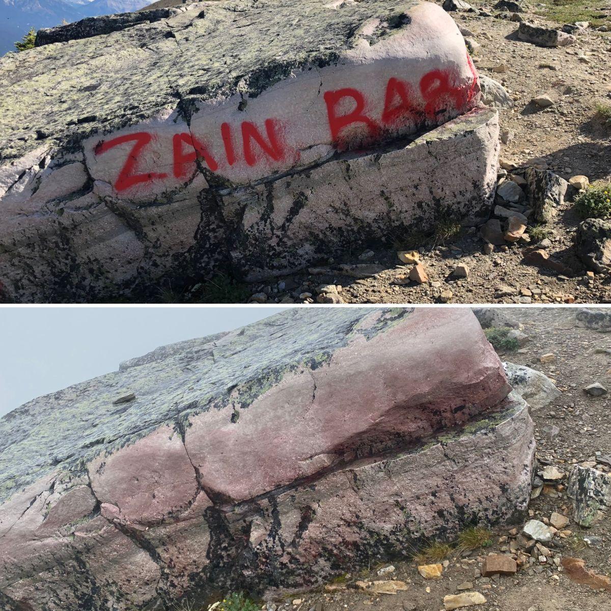 Before and after the graffiti removal on rocks along a trail in Jasper National Park.