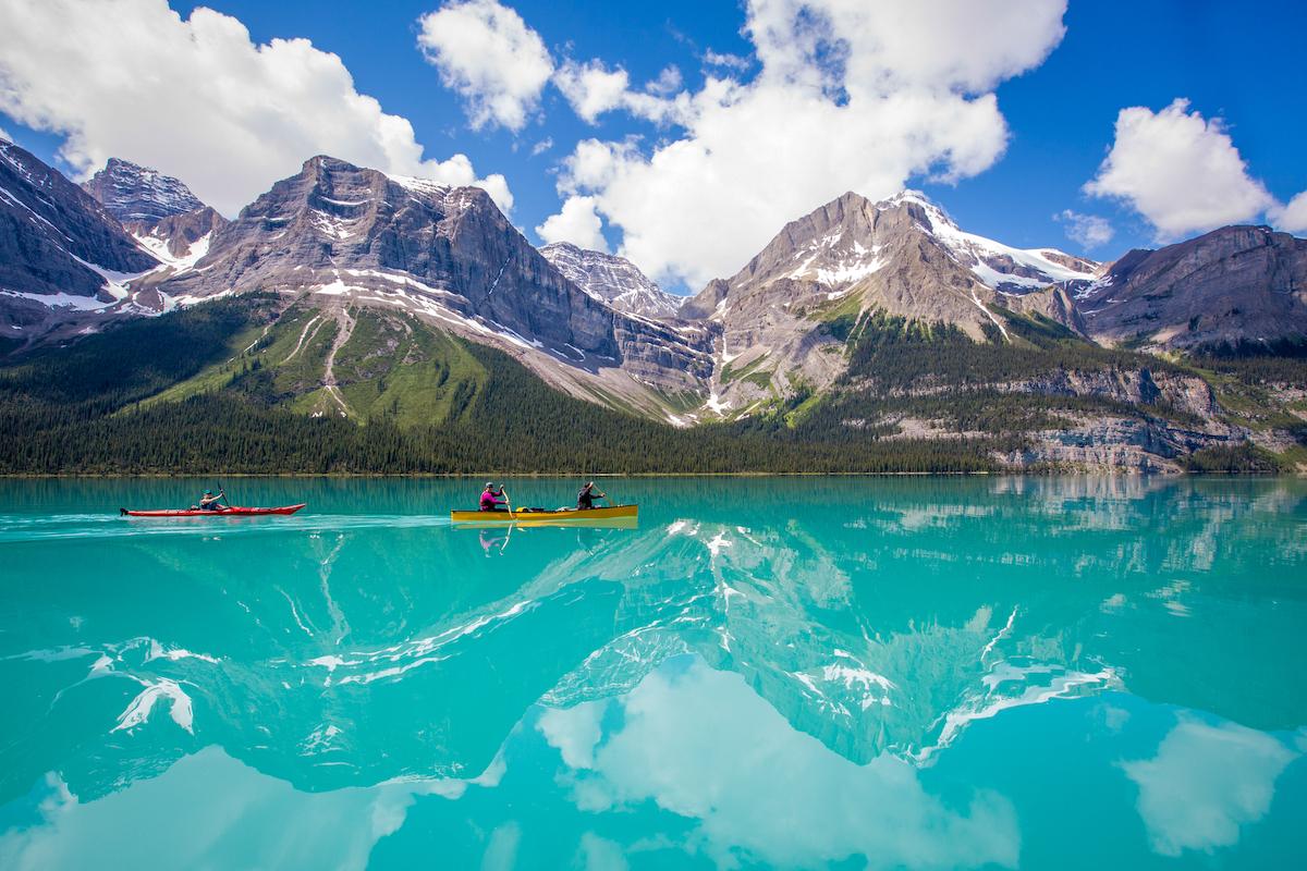 Boating on Maligne Lake in Jasper National Park.