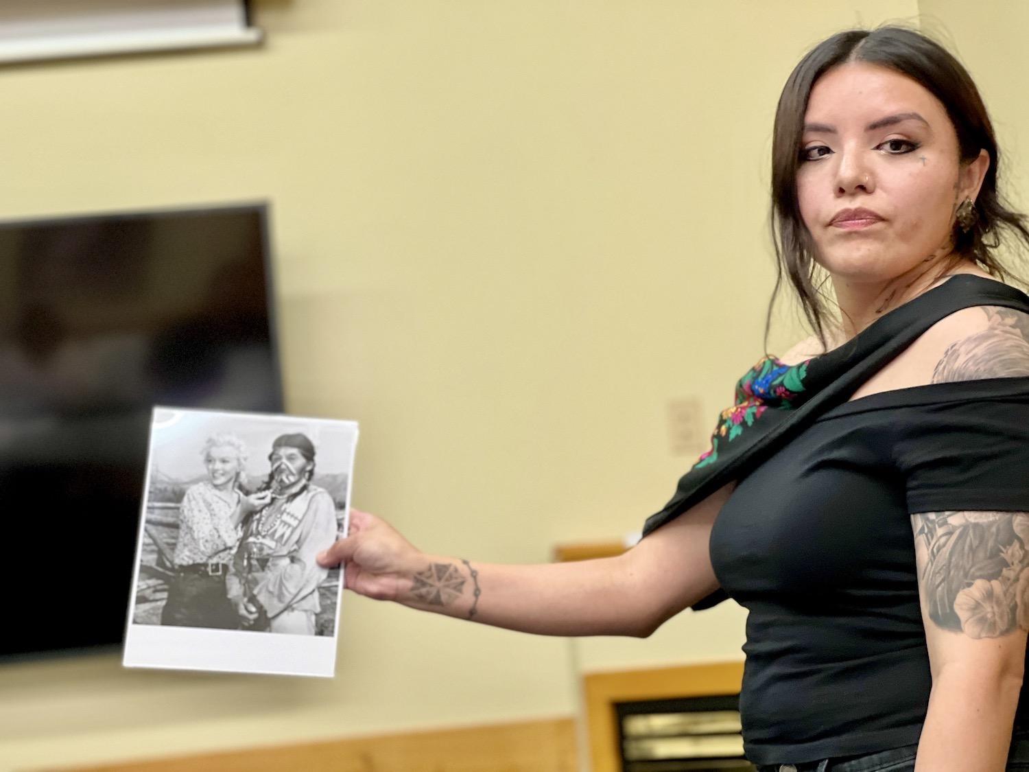 Fallen Mountain Soap's Lauren Moberly shows a photo of her great-grandfather who appeared in a Marilyn Monroe film in the 1950s.