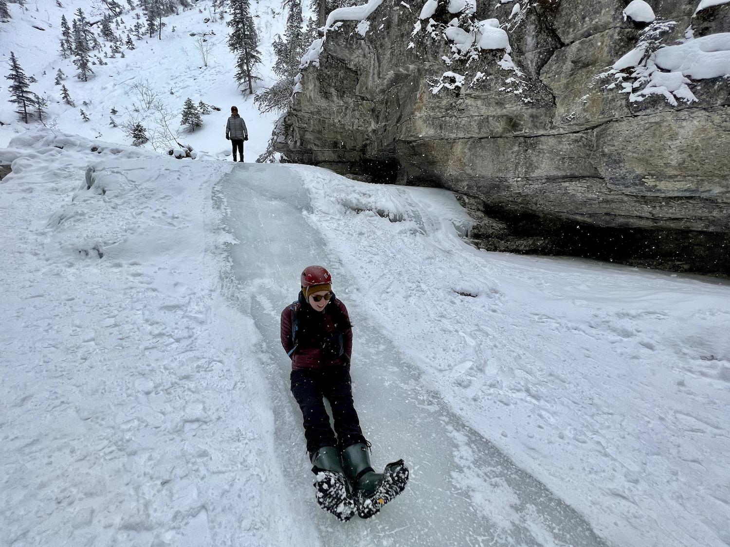 Maligne Canyon is constantly changing in winter, but on our visit there was an ice slide.